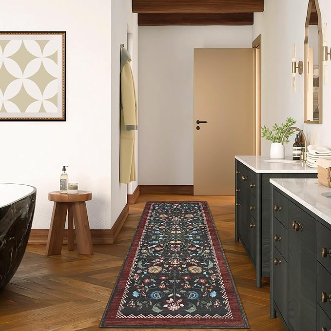 GarveeHome Floral Rug 2x6 Runners for Hallways, Boho Kitchen Runner Rugs Non Slip Bath Runners, Vintage Washable Runner Rug for Bedroom, Soft Long Rugs for Entryway Bathroom Laundry Dorm, Red