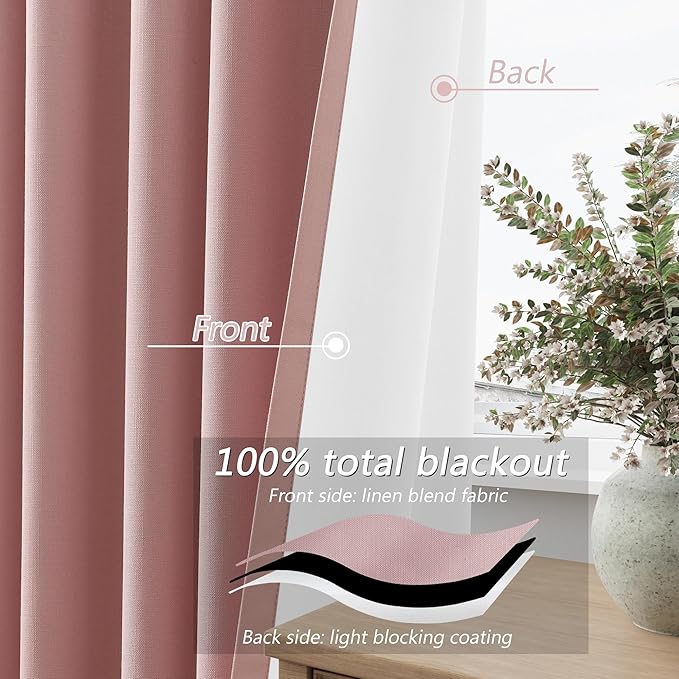 Guken 100% Blackout Linen Curtains 96 Inch 2 Panels Set for Girl's Bedroom, Living Room, Nursery, Back Tab Thermal Insulated Black Out Drapes Room Darkening, Pink
