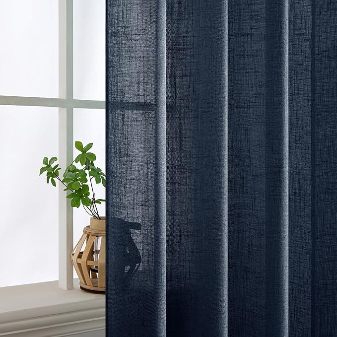 MIULEE Navy Blue Linen Curtains 54 Inch Length 2 Panels for Bedroom Living Room, Soft Thick Linen Textured Natural Short Window Drapes Semi Sheer Light Filtering Back Tab Rod Pocket Burlap Look Decor