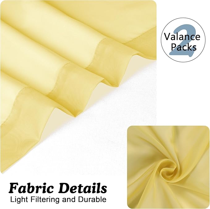 Chyhomenyc Mustard Yellow Sheer Valances for Windows - Light Filtering Small Kitchen Curtains, Short Top Window Treatment Decor for Living Room Bathroom Basement, 42Wx14L inches, 2 Pack