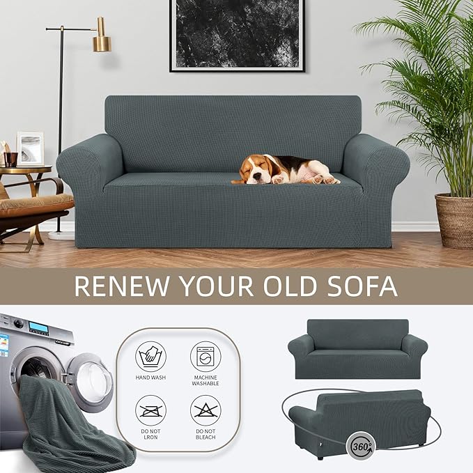 KEKUOU Stretch Loveseat Sofa Cover Slipcover,Couch Covers for 2 Cushion Couch Sofa (55"-78") Furniture Protector Sofa with Elastic Bottom for Kids,Dog. Jacquard Small Checked (Medium,Grey)
