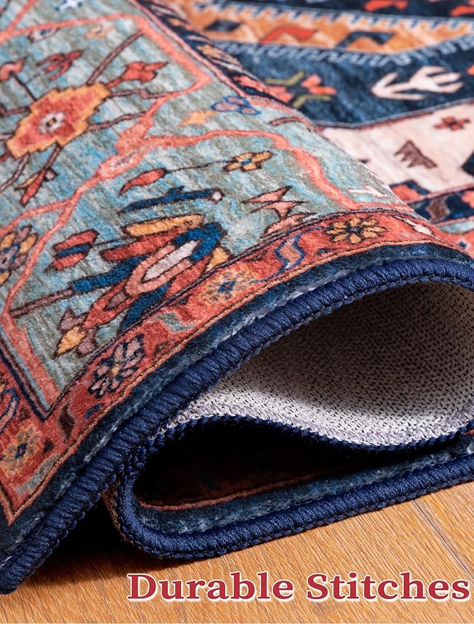 SERISSA Runner Rug for Hallways, 2'6"x14' Washable Non Slip Kitchen Runner Rug, Extra Long Boho Rug Ultra Soft Vintage Rust Print Floor Carpet for Bedroom Hallway Entryway Bathroom Laundry Room