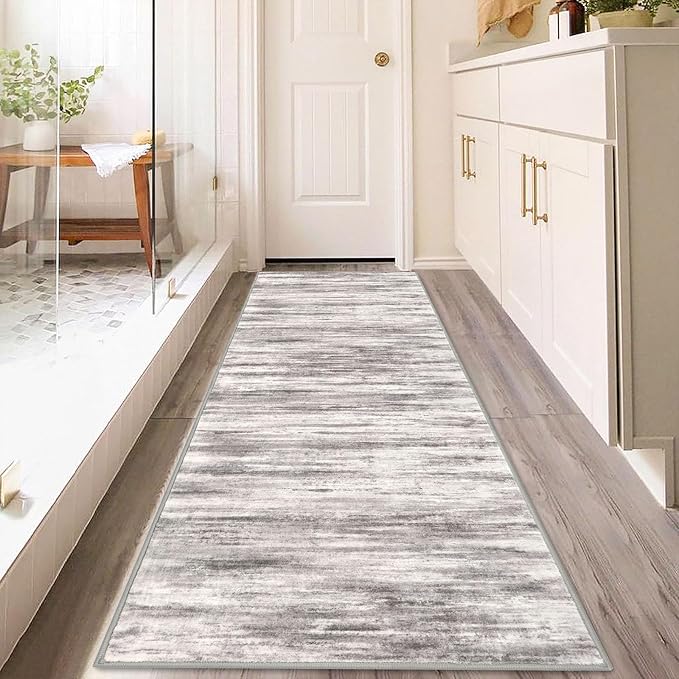 KOZYFLY 3x8 Ft Rug Modern Ombre Runner Rug for Hallway, Washable Kitchen Rugs Non-Slip Soft Striped Entryway Rug, Print Grey/Light Beige/Brown Abstract Carpet for Laundry Nursery
