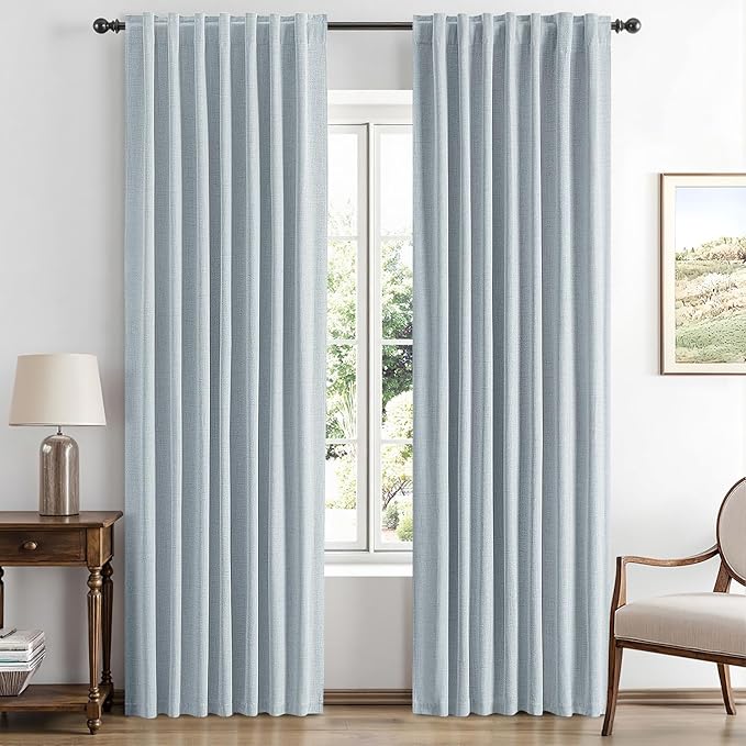 MIULEE 100% Blackout Linen Curtains for Bedroom, Chambray Blue Solid Luxury Decor Thermal Insulation Room Darkening Drapes for Living Room Nursery Back Tab Rod Pocket 42 x 72 Inches, 2 Panels