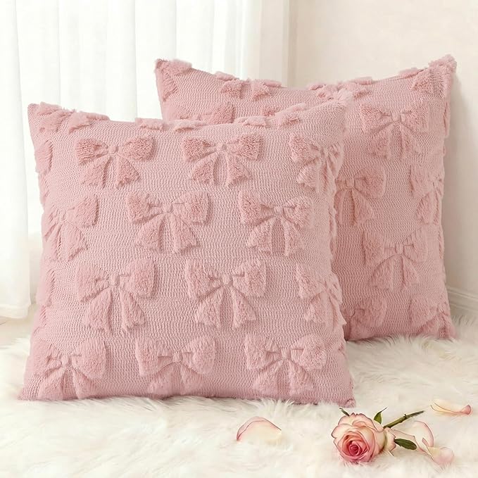 decorUhome Pink Bow Pillow Covers Set of 2 Coquette Aesthetic Cute Preppy Plush Faux Pillowcases for Girly Bedroom or Couch 20x20 Inch