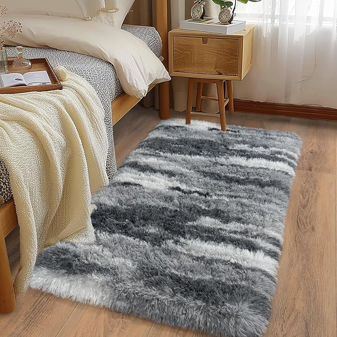 Soft Runner Rugs for Bedroom Hallways, 2x4 Abstract Grey Fluffy Shag Throw Area Rug Non Slip for Bedside Dorm, Long Shaggy Furry Carpet for Nursery Living Room