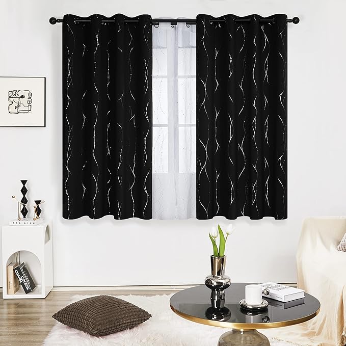 Deconovo Short Blackout Curtains, Black Drapes, Thermal Insulated Soundproof Grommet Curtain, Wave Line Dot Foil Print, 52 x 45 Inch, 2 Panels, Machine Washable Window Panel for Small Windows Kitchen