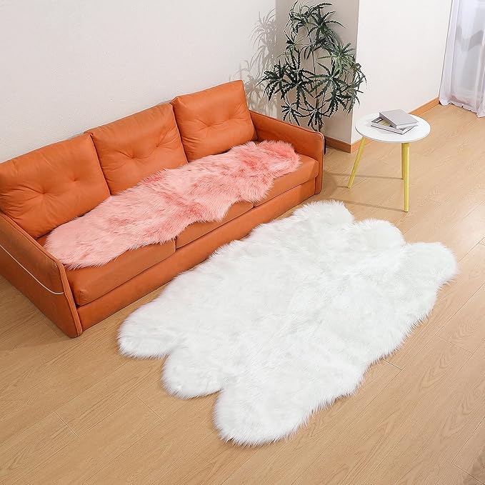 linmopm Faux Fur Rug Sheepskin Shag Fluffy Fuzzy White 4x6 ft Rugs for Bedroom Bedside Bed Floor Living Room Plush High-Density Cushion Carpet Super Sofa Cover
