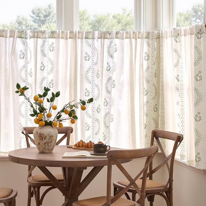 jinchan Belrose Linen Floral Cafe Curtains 54 Inch Length Embroidered Farmhouse Curtains for Kitchen Bedroom Bathroom Small Windows Curtain Set Light Filtering 2 Panels Sage Green
