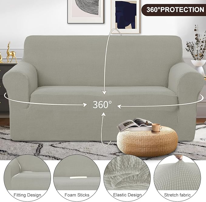 U-NICE HOME Oversized Stretch Loveseat Couch Cover Sofa Covers Washable Sofa Slipcover Furniture Protector for 2 Cushion Couch Sofa Pet Friendly, Taupe
