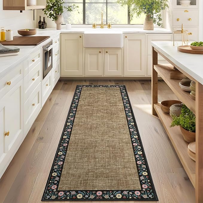 GarveeHome Entryway Rug 2x6 Modern Bordered Runner Rug Washable Kitchen Runners for Hallway Non-Slip Low-Pile Soft Carpet Floral Print Bathroom Mat for Bedroom Laundry Room, Brown
