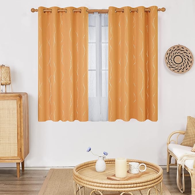 Deconovo Blackout Small Curtains for Living Room, 45 Inch Length, Pack of 2 - Thermal Insulated Curtains, Wave Line with Dots Pattern (W52 X L45 Inch, Orange Flame, Set of 2)