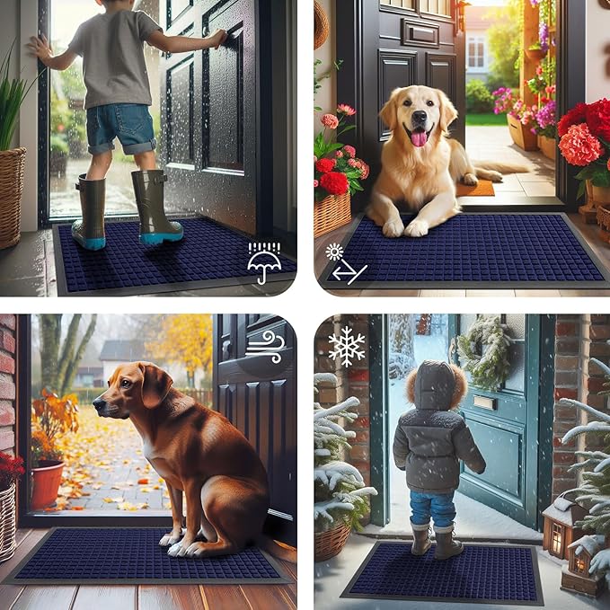 Smiry Front Door Mat Outside Entrance, Heavy Duty Natural Rubber Doormat, Non Slip, Trap Dirt and Moisture, Easy Clean, Low Profile Welcome Floor Mats for Indoor Outdoor Entry, 35x23 Inch, Navy Blue