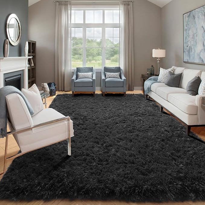 ONASAR Black Area Rugs for Living Room Bedroom, 5x8 Fluffy Shaggy Rug, Soft Plush Large Indoor Floor Carpet for Nursery Kids Girls Boys Teen Dorm Bedside Playroom Home Office Decor Aesthetic