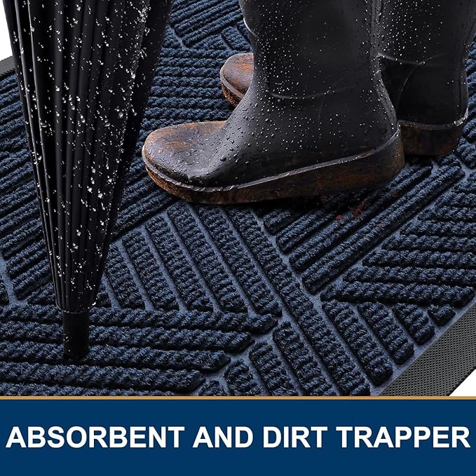 Smiry Front Door Mat Outside Entrance, Heavy Duty Sturdy Natural Rubber Doormat, Trap Dirt and Moisture, Easy Clean Low Profile Mats for Indoor Outdoor Entry, Irregular Triangle (59x20, Navy Blue)