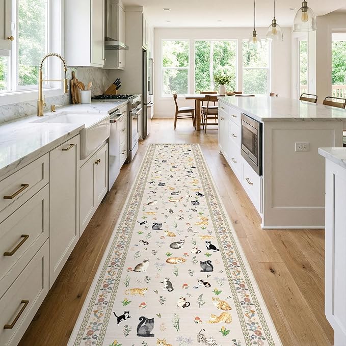 2x12 Washable Hallway Runner Rug - Soft Low Pile Floral Animal Cat Print Rugs with Non-Slip Backing Waterproof Stain-Resistant Indoor Carpet for Kitchen Entryway Bathroom Bedroom (Light Beige)