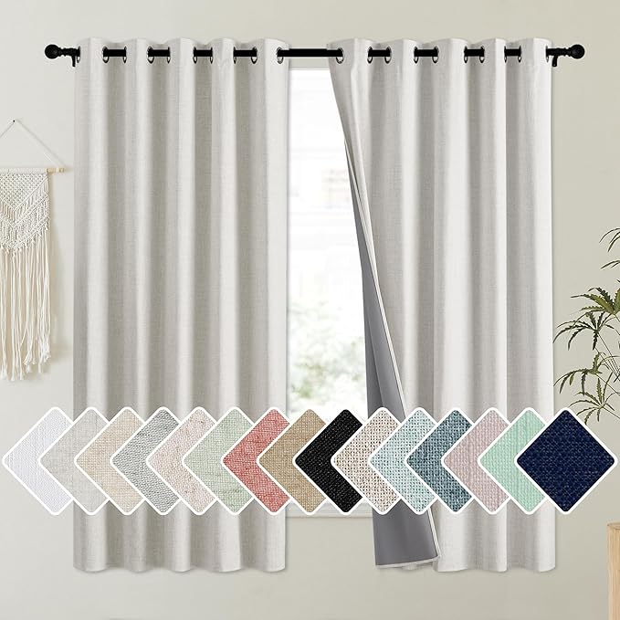 NICETOWN Snowbound Vintage Linen 100% Blackout Curtains for Kitchen, Thermal Insulated Curtains 63" Long, Noise Reducing Window Treatment Drapes for Dorm Room, 62" Wide Per Panel, Set of 2