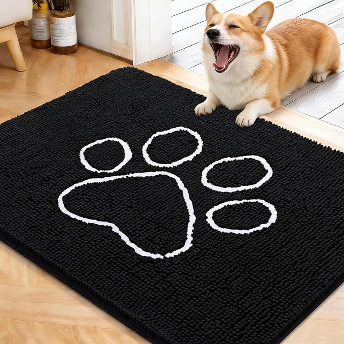 OLANLY Dog Door Mat for Muddy Paws 40x32, Paw Print Design, Absorbs Moisture and Dirt, Absorbent Non-Slip Washable Doormat, Quick Dry Chenille Mud Mat for Dogs, Entry Indoor Entryway Carpet, Black