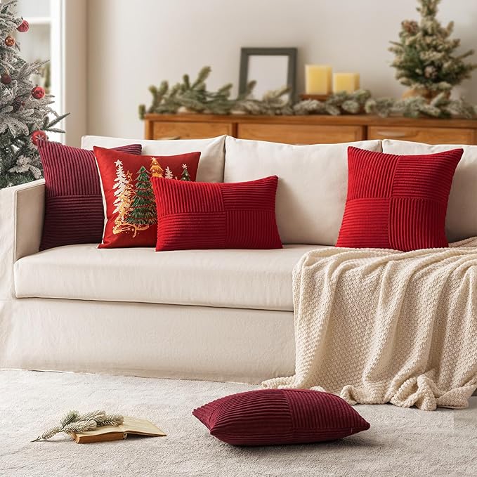 MIULEE Christmas Red Decorative Lumbar Throw Pillow Covers 12x20 Inch for Couch Bed Sofa Pack of 2 Boho Farmhouse Throw Pillows Soft Cross Corduroy Patchwork Textured Cushion Cases
