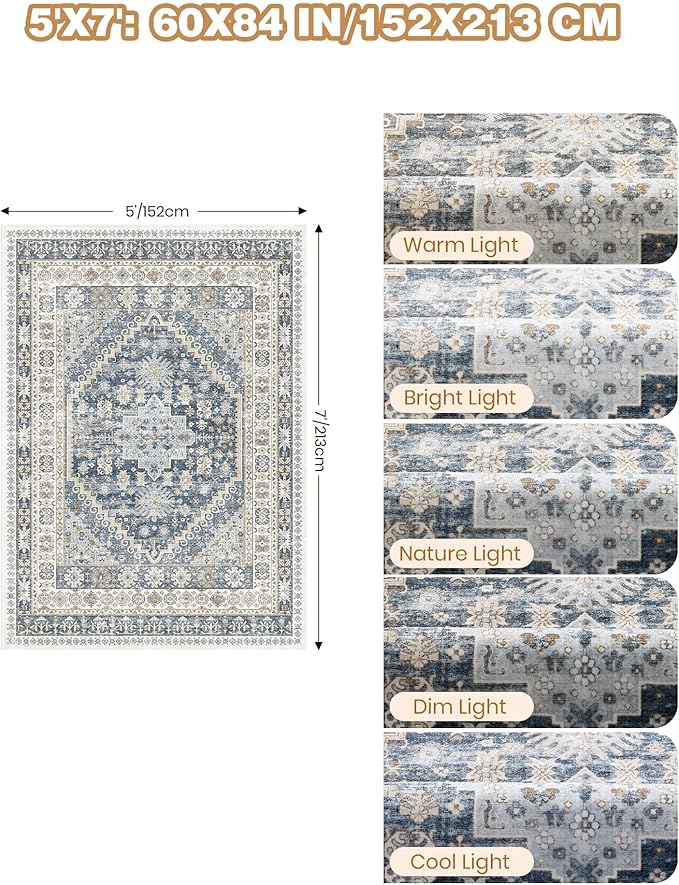 Area Rugs 5x7, Ultra-Thin Washable Rugs for Living Room, Anti-Slip Backing Area Rug for Bedroom, Soft Floral Vintage Home Decor Rug for Dining Room(Blue/Beige,5'x7')