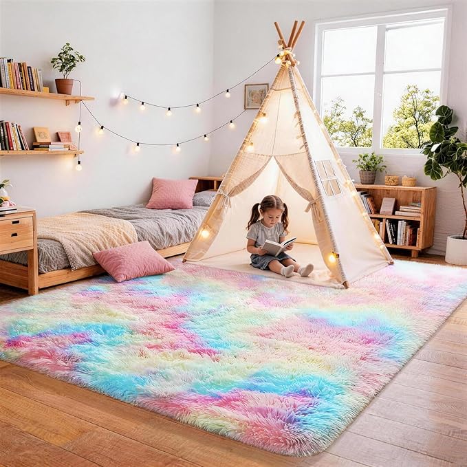Ophanie Rainbow Colorful Rugs for Living Room 5x8, Unicorn Fluffy Shag Fuzzy Plush Soft Carpets, Floor Shaggy Area Rugs for Bedroom, Carpet for Kids Girls Dorm Nursery Home Decor Aesthetic