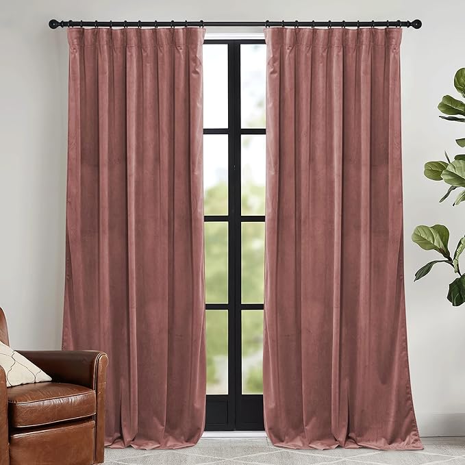 RYB HOME Pink Velvet Curtains 102 inches with Hook Belt, Soft Fabric Room Darkening Thermal Insulated Luxurious Home Decor Curtains for Living Room Bedroom, W 52" x L 102", 2 Panels Set