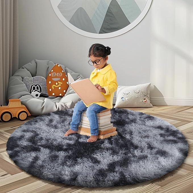Super Soft Circle Rugs for Girls Princess Castle Toddlers Play Tent 5 Diameter Area Rugs for Kids Bedroom Baby Room Decor Round Shag Carpets(Φ5, Dark Grey Tie-Dyed)