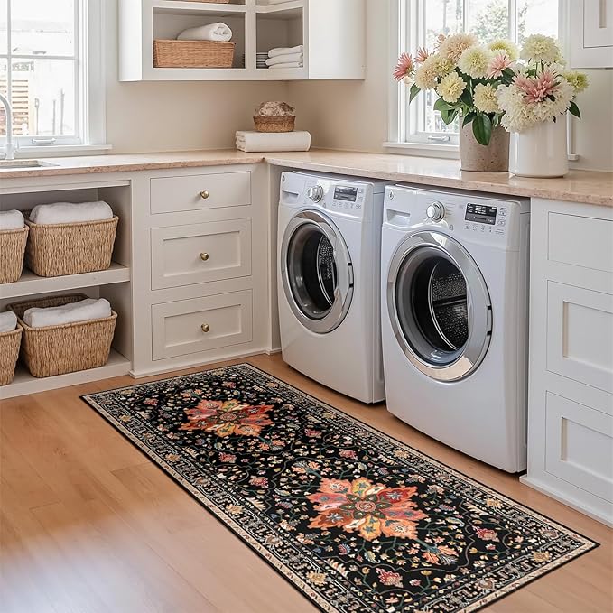 Area Rugs 2'x5' Runner Rug Non Slip Washable for Kitchen Hallway Bedroom Beside Laundry Room Bathroom Rug, Floor Carpet, Black Colorful Floral Dark Tan