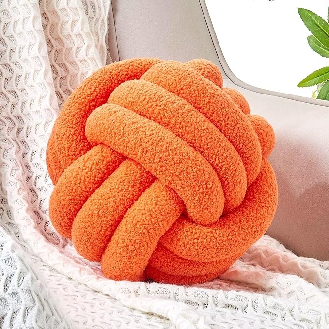 Uvvyui Knot Pillow Ball, Soft Home Decorative Pillows, Round Throw Pillow, Handmade Knotted Plush Pillow, Round Boucle Pillow Cushion (14 Inches Orange)