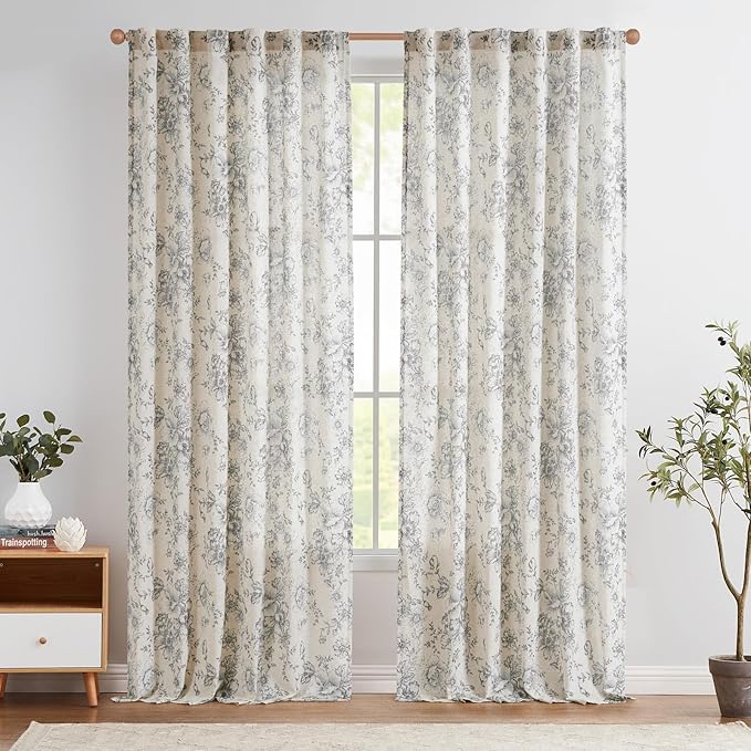 jinchan Linen Blend Curtain Floral Curtains for Living Room 96 Inch Length Grey Printed Curtain Rod Pocket Back Tab Farmhouse Peony Flower Patterned Drapes Bedroom Window Curtains Set 2 Panels