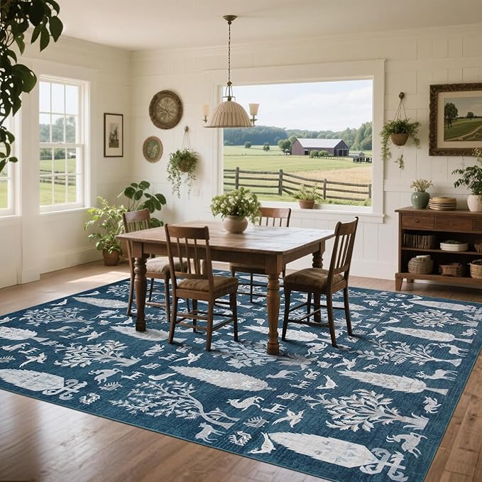 Washable Rugs 8x10 Area Rugs for Living Room,Bedroom,Dining Room- Large Ultra Soft Faux Wool Retro Carpet,Non Slip&Non-Shedding Low Pile Vintage Print Rug for Home Office Dorm Playroom-Blue