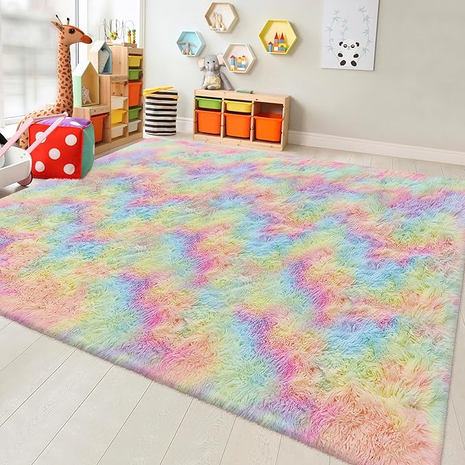 Fluffy Rainbow Colorful Area Rug for Living Room 8x10 Kawaii Tie Dye Rug Fuzzy Indoor Floor Unicorn Rug for Bedroom Girls Kids Nursery Baby Princess Room Dorm Home Decor Aesthetic Carpets