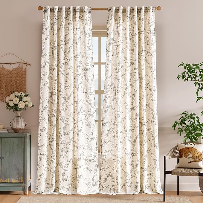 Lazzzy Farmhouse Linen Curtains Gray Floral Curtains 96 Inch Long Back Tab Drapes for Living Room Bedroom Light Filtering Country Vintage Rod Pocket Curtain, 2 Panels, Grey on Beige