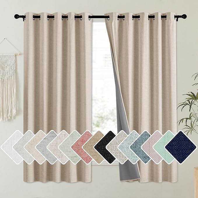 NICETOWN Oatmeal Vintage Open Linen Weave Flax Thermal Curtains, 100% Blackout Curtains 63" Long for Dining Room, Soundproof Window Treatment Drapes for Dorm Room, 62" Wide Per Panel, Set of 2
