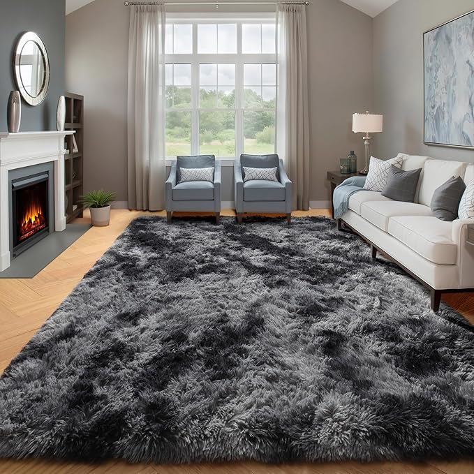 ONASAR Area Rugs 9x12 Living Room, Tie-Dyed Dark Grey Large Fluffy Bedroom Rug, Soft Plush Thick Shaggy Big Floor Carpet for Kids Boy Girls Teen Dorm Nursery Indoor Home Decor Aesthetic