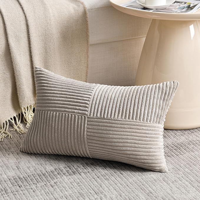 Fancy Homi 2 Packs Neutral Taupe Lumbar Decorative Throw Pillow Covers 16x26 Inch for Living Room Couch Bed Sofa, Farmhouse Home Decor, Soft Striped Corduroy Rectangle Accent Cushion Case 65x40 cm