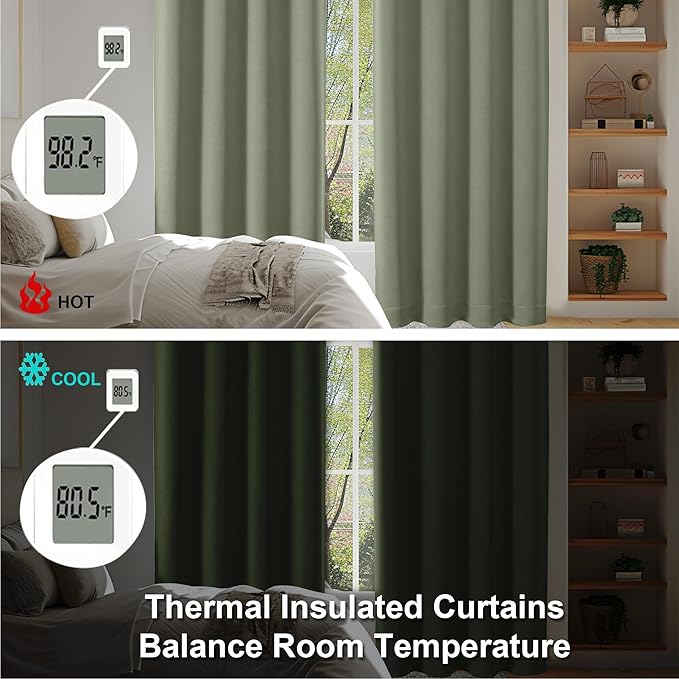 Simplebrand Ava Sage Green Blackout Curtains for Bedroom 90 Inches Long 2 Panels Set, Solid Privacy Energy Saving Living Room Window Treatment Curtains Blackout Drapes, W40 x L90 Inch, Sage Green