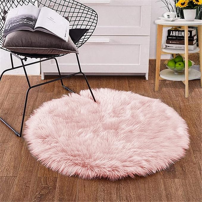 Goolela Pink Round Rug for Girls Bedroom Fluffy Circle Rug 3ft Faux Fur Rug for Living Room Cute Plush Shag Rug Washable Home Décor