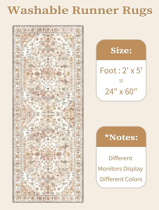 SERISSA Boho Washable Runner Rug, 2x5 Non-Slip Vintage Peach Cream Hallway Kitchen Runner Rug Ultra Soft Print Distressed Floor Carpet for Bedroom Bathroom Laundry Living Room