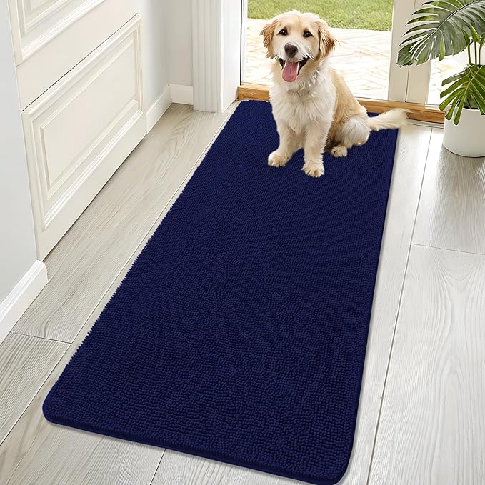 OLANLY Dog Door Mat for Muddy Paws 70x32, Absorbs Moisture and Dirt, Absorbent Non-Slip Washable Doormat, Quick Dry Chenille Mud Mat for Dogs, Entry Indoor Entryway Carpet for Inside Floor, Navy Blue