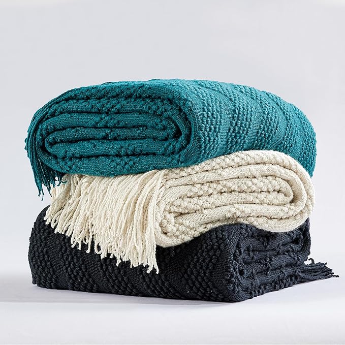 BOURINA Teal Throw Blanket 50x60 Inches Throw Textured Solid Soft Ripple Throws and Blankets for Sofa or Bed Knitted Decorative Blanket