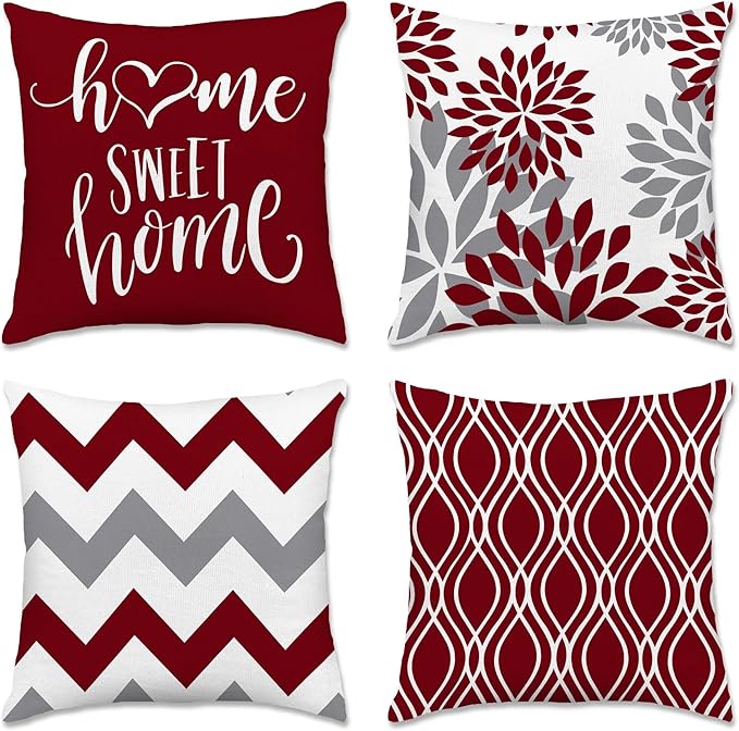 Hexagram Geometric Burgundy Pillow Covers 18x18 Set of 4, Decorative Outdoor Boho Modern Throw Pillow Covers, Home Sweet Home Farmhouse Cushion Case for Couch Sofa Bedroom Indoor Decor(No Insert)