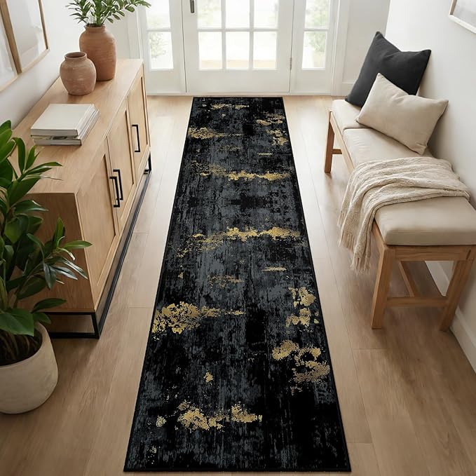 Washable Area Rugs 2'6''x10 Non-Slip Modern Abstract Soft for Living Room Entryway Bedroom Nursery, Print Pattern, Dark Black Gold