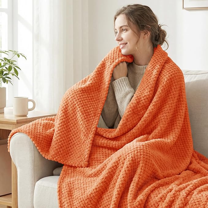Exclusivo Mezcla Fleece Throw Blanket Extra Large, Super Soft and Warm Blankets for Couch, Sofa and Bed Waffle Textured, Cozy, Fuzzy and Lightweight (Burnt Orange, 50x70 Inches)