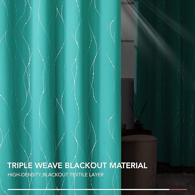 Deconovo Blackout Curtains for Bedroom, Thermal Insulated Soundproof Drapes with Wave Dot Foil Print, 42 x 84 Inch Long, Set of 2, Machine Washable Window Curtain for Living Room Office, Turquoise