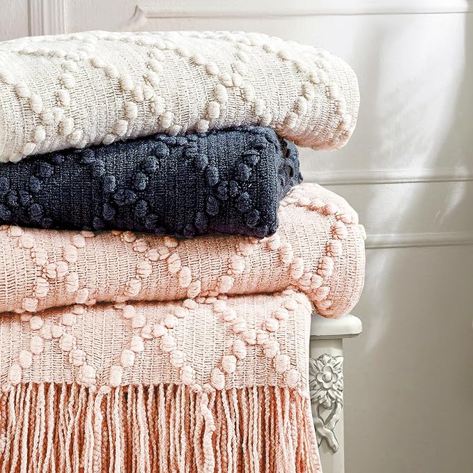 BOURINA Navy Throw Blanket 50 x70 Inches Jacquard Argyle Throw Textured Solid Soft Throws and Blankets for Sofa or Bed Knitted Decorative Blanket