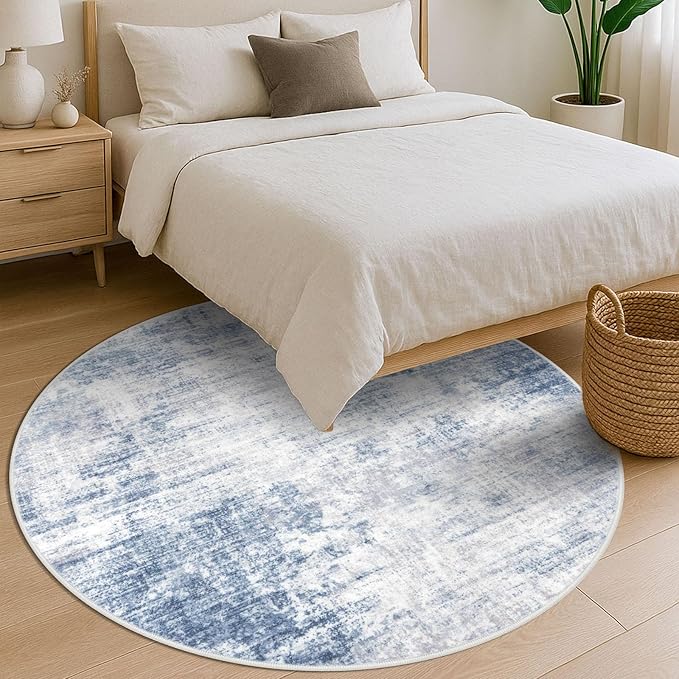 IOHOUZE Abstract Round Area Rug 6 Ft Washable Circle Rugs Large Round Rug Non Slip Thin Soft Circle Rugs, Printed Faux Wool Floor Carpet for Bedroom Living Room Dining Room Nursery, Light Blue Grey