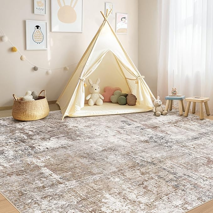 UERMEI Square Area Rugs : Washable 8x8 Neutral Modern Abstract Carpet for Living Room Bedroom - Soft Floor Mat with Non Slip Backing for Kitchen Nursery Dorms Farmhouse Home Decor - Brown/Grey/Red