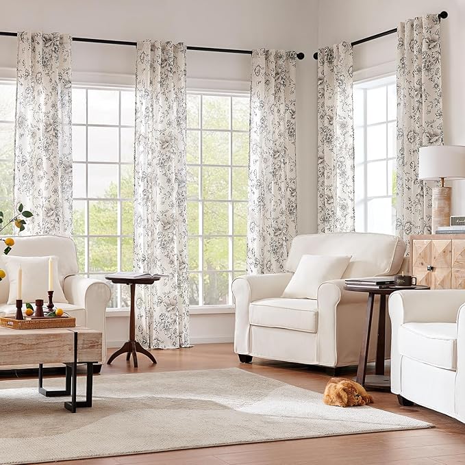 jinchan Linen Floral Curtains 96 Inch Length for Living Room Bedroom Light Filtering Farmhouse Peony Flower Drapes Rustic Window Curtain Set Rod Pocket Back Tab 2 Panels Black