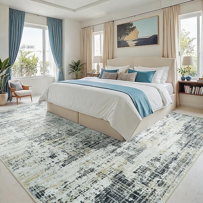8x10 Area Rugs for Living Room Washable Rug: Anti-Skid Abstract Modern Living Room Rug Soft Thin Carpets Indoor Floor Non-Shedding Carpet for Bedroom Dining Farmhouse Nursery Black Gray Gold